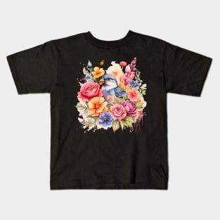 A bird decorated with beautiful watercolor flowers Kids T-Shirt